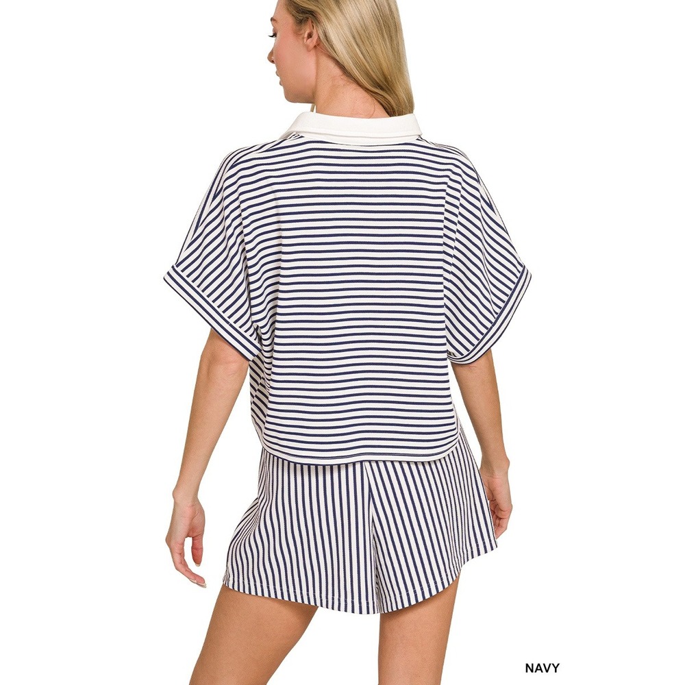 388-L Zenana Top & Shorts Set Large Navy Blue NWT Striped Collared Loungewear - Picture 3 of 3